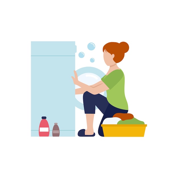 Housewife girl puts clothes in the washing machine. Washing clothes with powder. Vector flat character. Cleaning of the apartment during the quarantine.