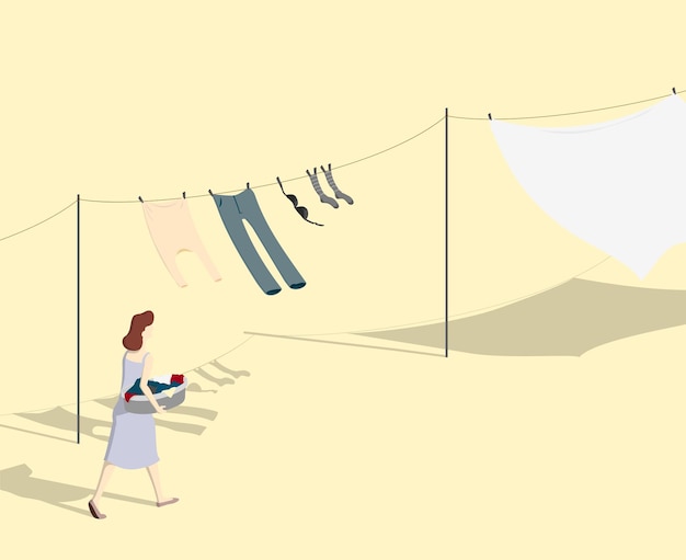 Housewife hanging clothes to dry on clothesline on a sunny day