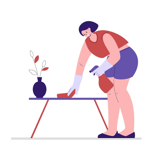 Housewife housekeeper woman cleaning the house wipes dust from the table. vector illustration in flat style.