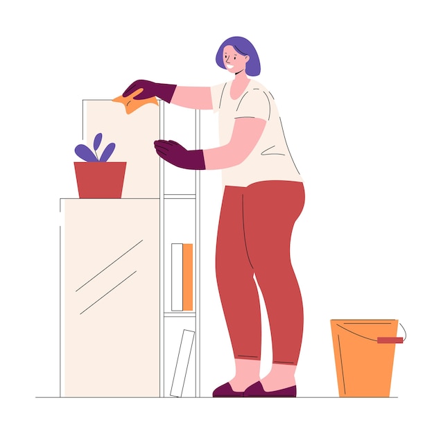 Housewife housekeeper woman cleaning wipes dust from furniture. vector illustration in flat style.