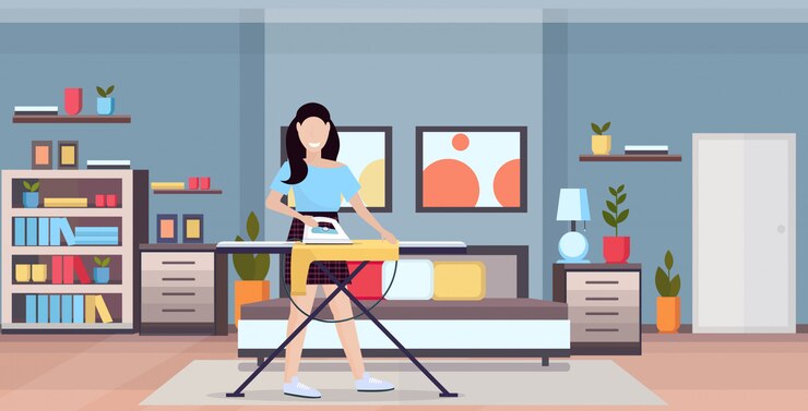 Vector housewife ironing clothes young woman holding iron smiling girl doing housework concept modern bedroom interior female cartoon character full length flat horizontal 