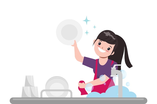 Vector housewife is washing the dish in the kitchen.