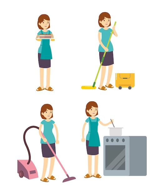 Housewife mother cleaning, cooking, and working