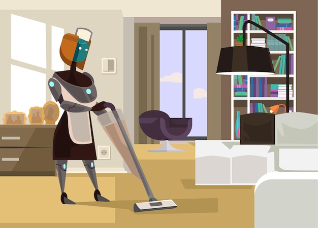 Vector housewife robot cleaning house cartoon illustration