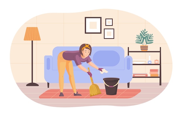 Vector housewife sweeping floor with broom at living room, woman in rubber gloves cleaning room