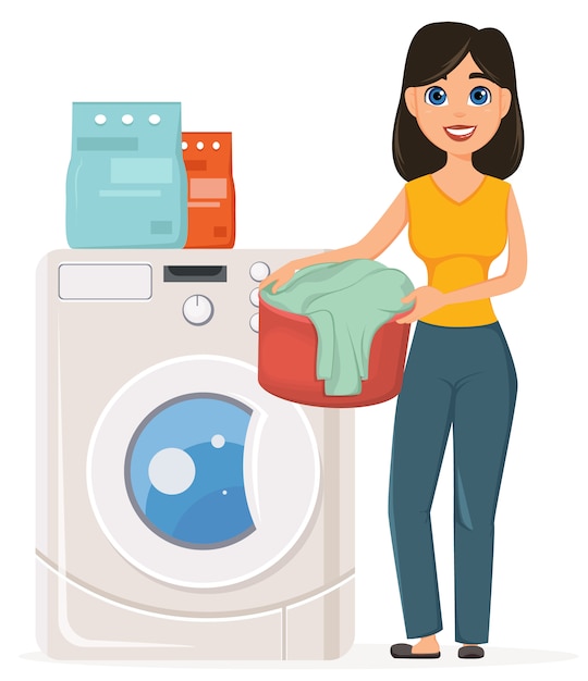 Housewife washes clothes in the washing machine