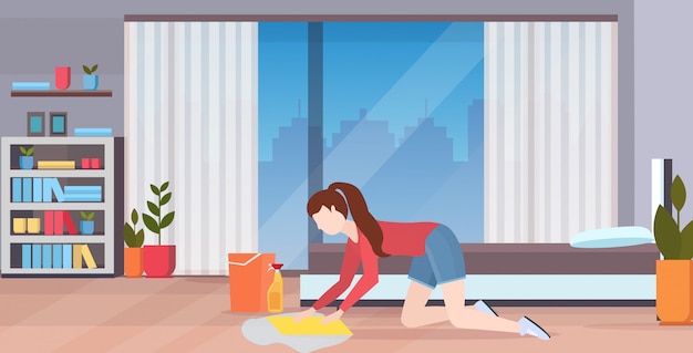 housewife washing floor on knees woman cleaner using cloth and bucket girl doing housework cleaning service concept modern bedroom interior full length flat horizontal