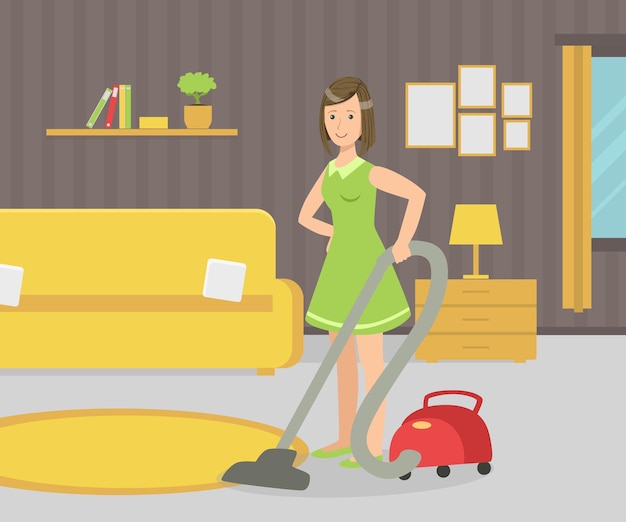 Vector housewife with vacuum cleaner young woman vacuuming living room vector illustration web design