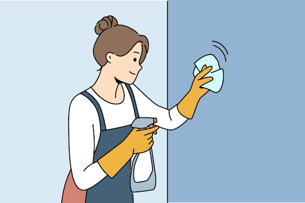 ベクトル エプロンと手袋を着て抗菌スプレーを使ってアパートの壁やガラスを拭く主婦の女性 幸せな女の子はモーテルのメイドとして働き、ゲストの到着に備えて部屋を掃除する