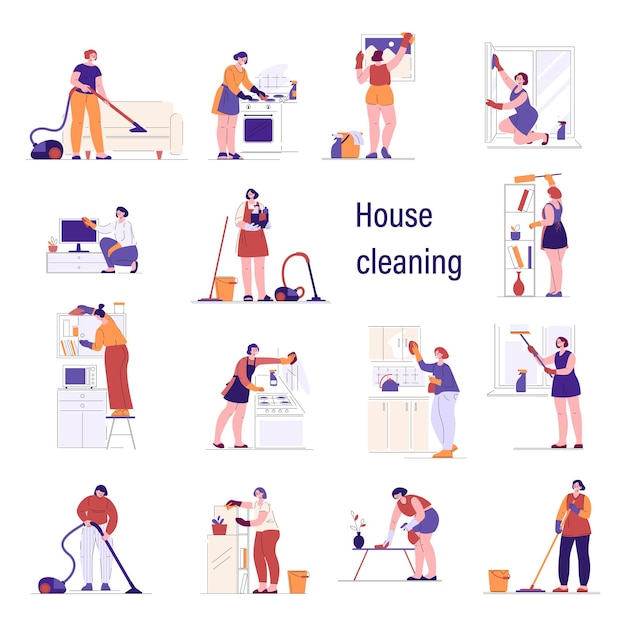 Housewives are cleaning the living room kitchen. Set of vector illustrations in flat style.