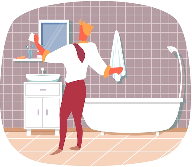 Vector housework concept with man in bathroom washes mirror or tile with rag stay at tidy home man in bathroom dressed in white shirt red pants takes hygiene procedures in room with bathtub and washbasin