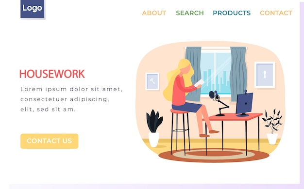 Vector housework landing page template with young cute girl making video content to vlog with microphone