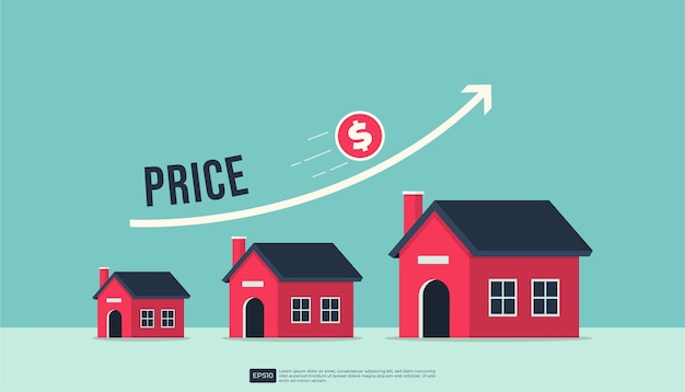 ベクトル 住宅価格が上昇する不動産または不動産成長の概念と上昇曲線の矢印