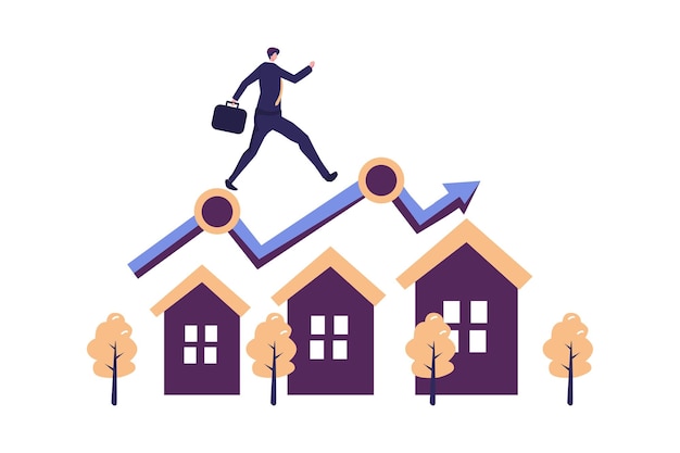Vettore il prezzo delle abitazioni sta aumentando il concetto di crescita immobiliare o immobiliare l'uomo d'affari sta correndo su un grafico verde in aumento sul tetto della casa