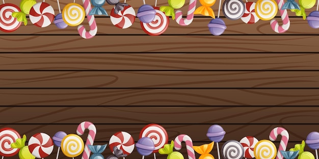 Houten achtergrond met zoete traktatie. Frame van lollies, snoepjes. Cartoon vectorillustratie