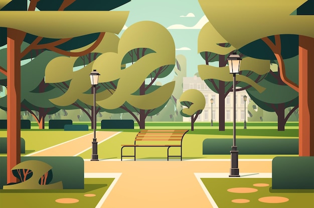 Vector houten bank en groene bomen in openbare zomer stadspark horizontale vectorillustratie