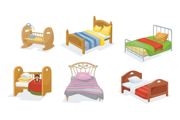 Vector houten bedden met verschillende hoofdeinden cartoon vector illustratie set. collectie van meubels om te slapen met dekens, gekleurd beddengoed en kussens geïsoleerd op een witte achtergrond. interieurconcept