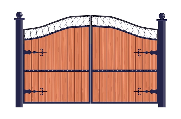 Vector houten beschermende poorten metalen bekleding beschermende houten ingang poort hek vlakke vector