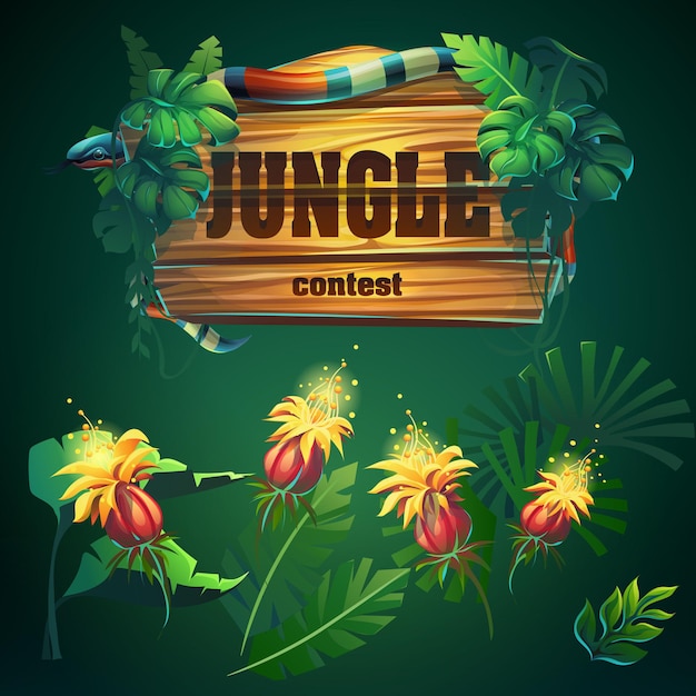 Vector houten bord met de tekst jungle, en set jungleplanten