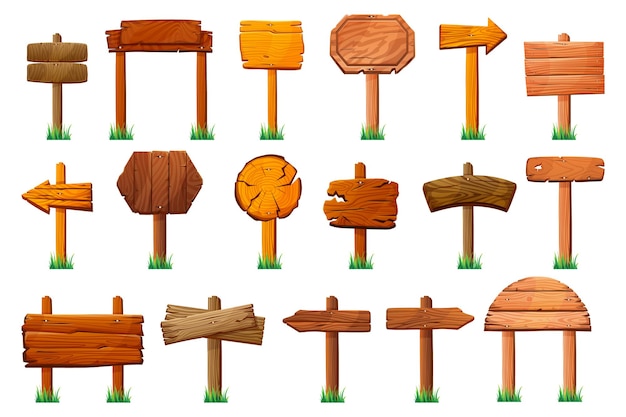 Houten borden staan op pilaren op groen gras geïsoleerd set vector houten uithangborden pijlen richting