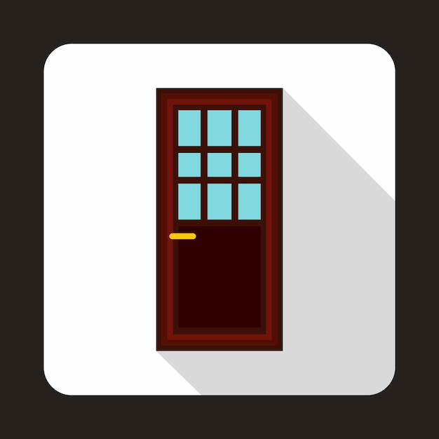 Houten deur met glazen icoon in platte stijl op een witte achtergrond