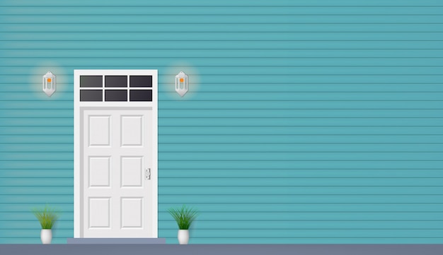 Houten deur van huis vooraanzicht met lampen