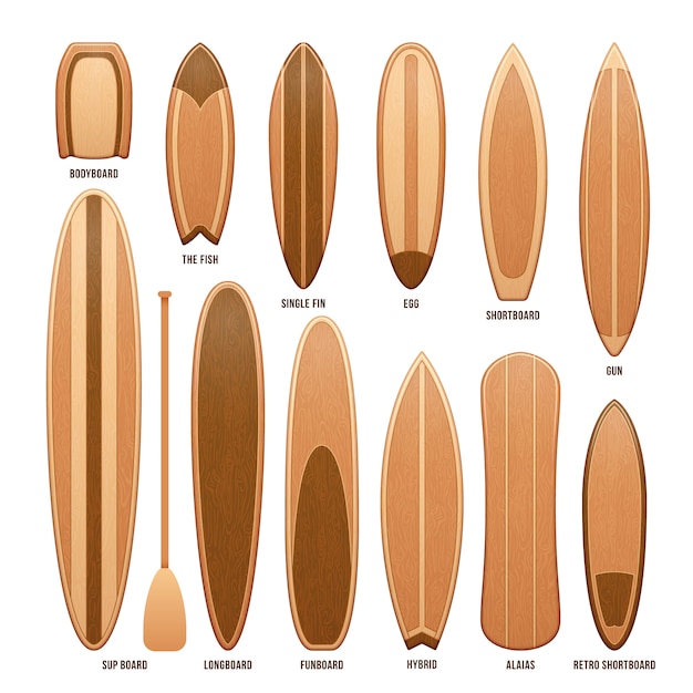 Houten die surfplanken op witte illustratie worden geïsoleerd. houten surfplank voor sport