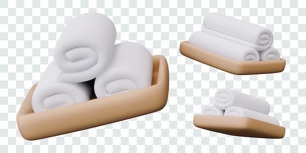 Houten dienblad met gerolde witte handdoeken, textiel voor bad, spa, salon, hygiëne-elementen