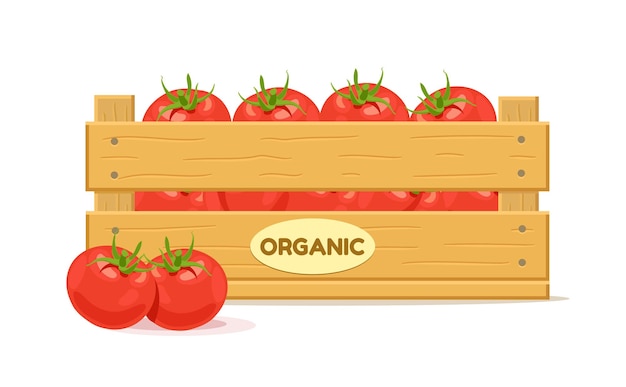 Vector houten doos met tomaten. plantaardige vak pictogram. vectorillustratie geïsoleerd op een witte achtergrond.