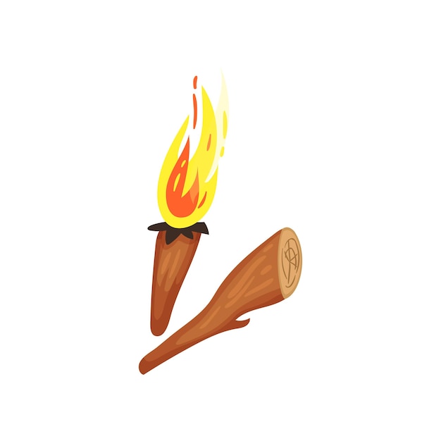 Vector houten fakkel met brandend vuur stuk hout natuurlijke aansteker symbolen uit de steentijd platte vector voor mobiel spel of kinderboek