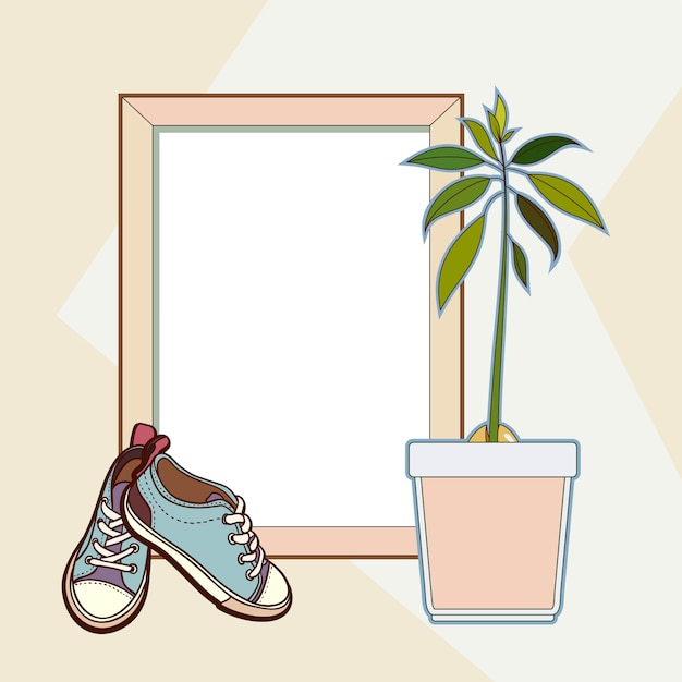 houten frame, sneakers en avocado plant.