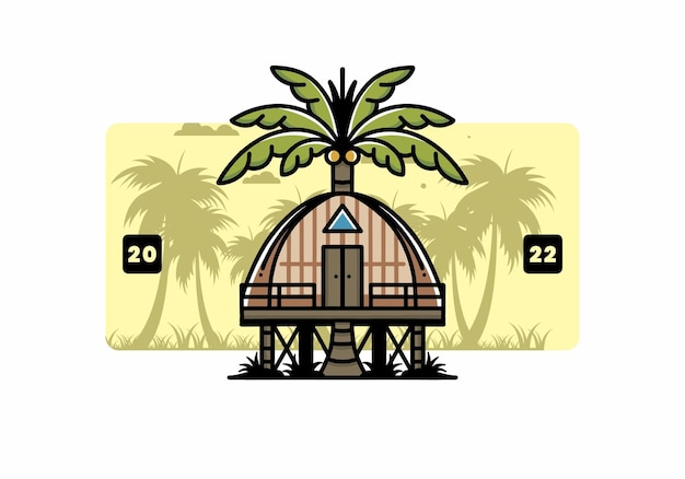 Houten huis met groot badge-ontwerp met kokospalm