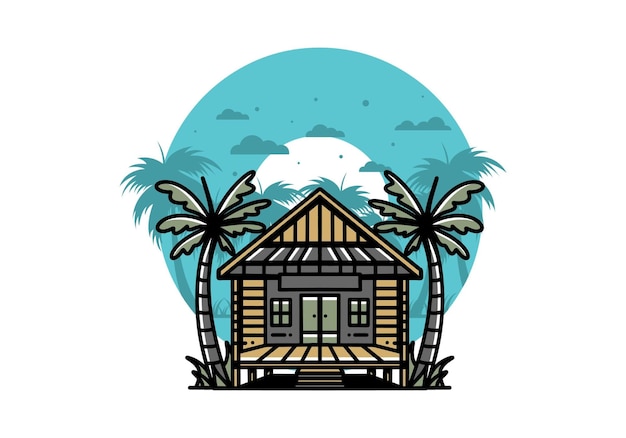 Houten huis op het strand illustratie badgeontwerp