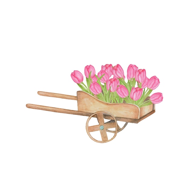 Houten karretje met roze tulpen