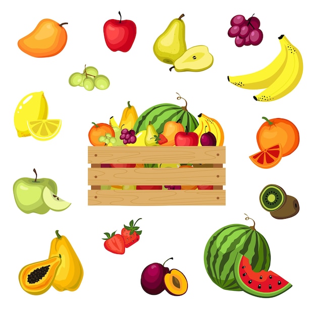 Houten kist met fruit en set van kleurrijke fruit iconen.