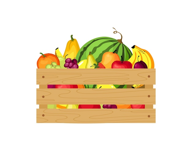 Houten kist met vers fruit. vectorillustratie