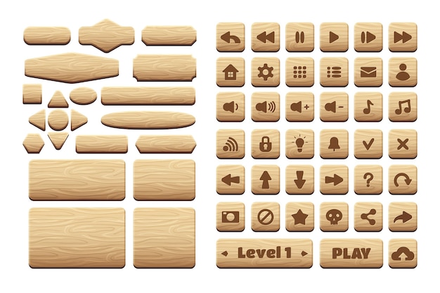 Houten knoppen spel UI asset iconen vector illustratie