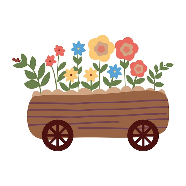 Vector houten kruiwagen met bloemen