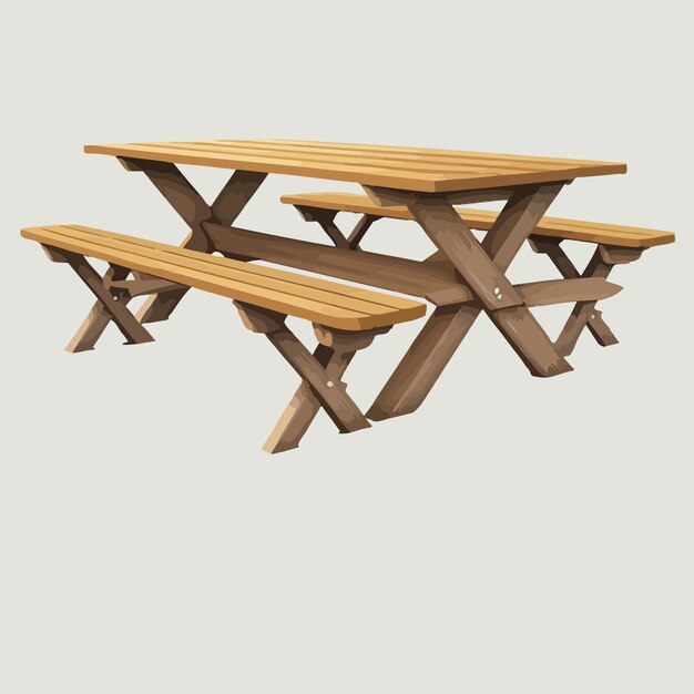 Vector houten picknicktafel met lange banken 3d-realistische vector geïsoleerd op achtergrond vectorillustratie