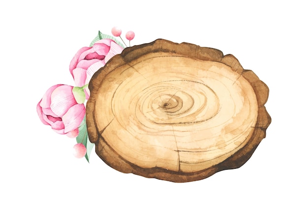 Houten plak met bloemendecoratie aquarel illustratie