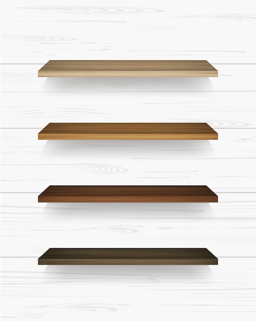 Vector houten plank op witte muurachtergrond met zachte schaduw.