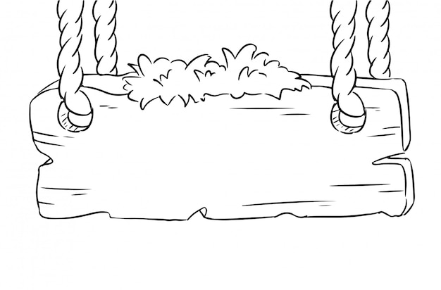 Houten plank opknoping op de touwen. lege bord schets doodle