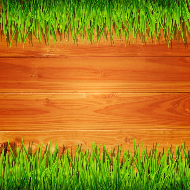 Houten planken met groene grasachtergrond