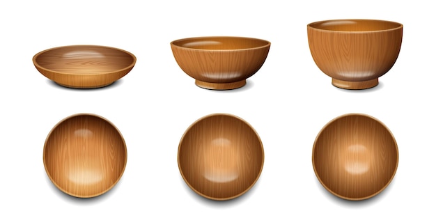 Houten ronde voedingsschalen, platen, realistische 3D-vectorillustratieset