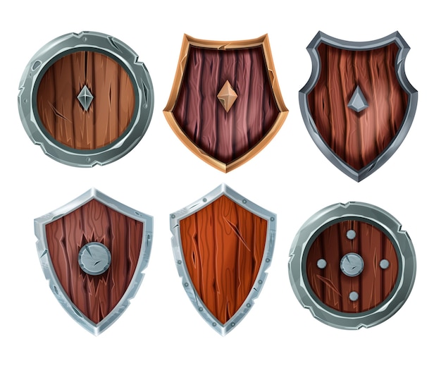 Houten schild vectorillustratie set middeleeuws spel ridder armor oude gebarsten fantasie RPG battle