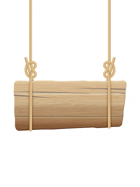 Houten singboard opknoping op touwen.