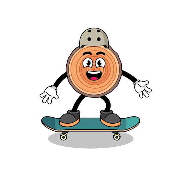 Houten stammascotte die een skateboard speelt