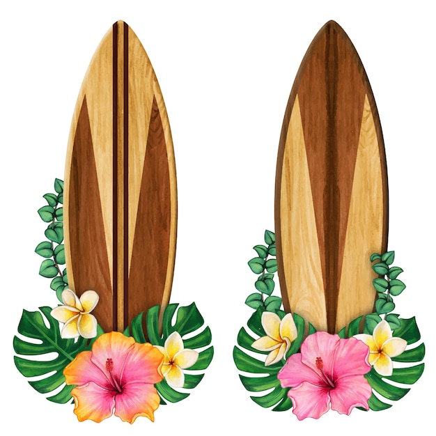 houten surfplanken en tropische bloemen