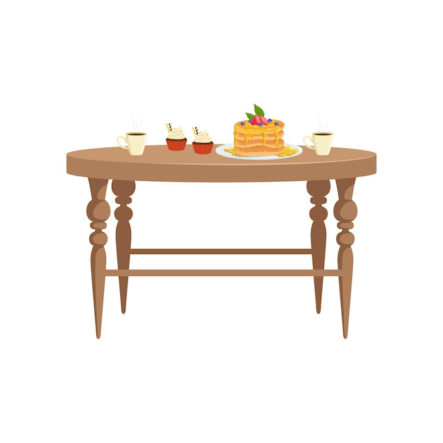 Houten tafel met twee kopjes thee cupcakes en stapel pannenkoeken met bessen op een bord eten voor ontbijt vector illustratie geïsoleerd op een witte achtergrond