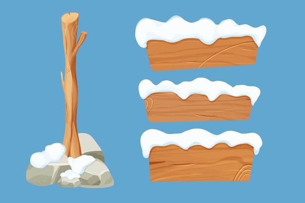 Houten teken, set boomstok en houten lege planken met sneeuw in cartoon stijl geïsoleerd op wit